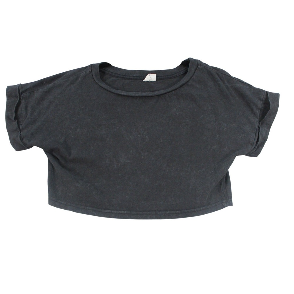 Soda Pop‎ Womens Acid Wash Charcoal Grey Crop Top Rolled Short Sleeve Small